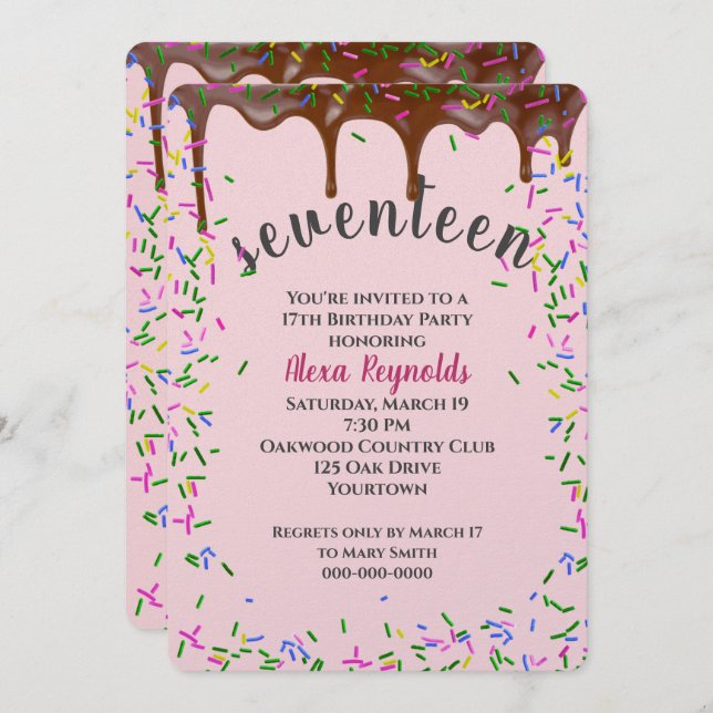 Chocolate Icing With Sprinkles for 17th Birthday Invitation (Front/Back)
