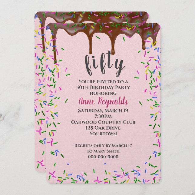 Chocolate Icing With Sprinkles for 50th Birthday Invitation (Front/Back)