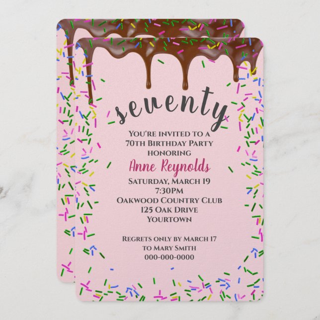 Chocolate Icing With Sprinkles for 70th Birthday Invitation (Front/Back)