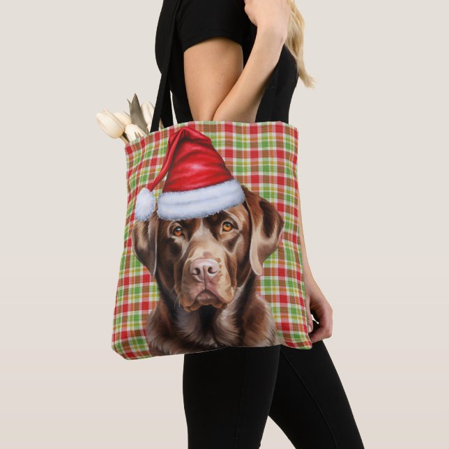 Chocolate Lab Christmas Dog Seasonal Plaid Tote Bag (Close Up)