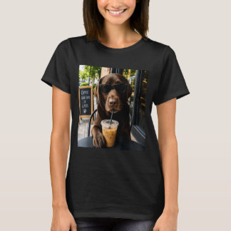 Chocolate Lab Coffee Funny Dog Cafe Lover Art T-Shirt