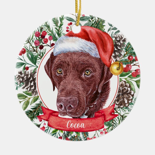 Chocolate Lab Custom Santa Hat Christmas Ornament (Front)