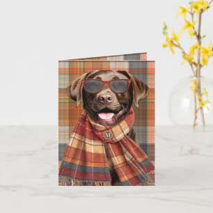 Chocolate Lab Dog Autumn Plaid Monogrammed Card