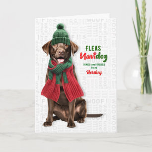 Chocolate Lab Dog Funny Fleas Navidog with Name Holiday Card