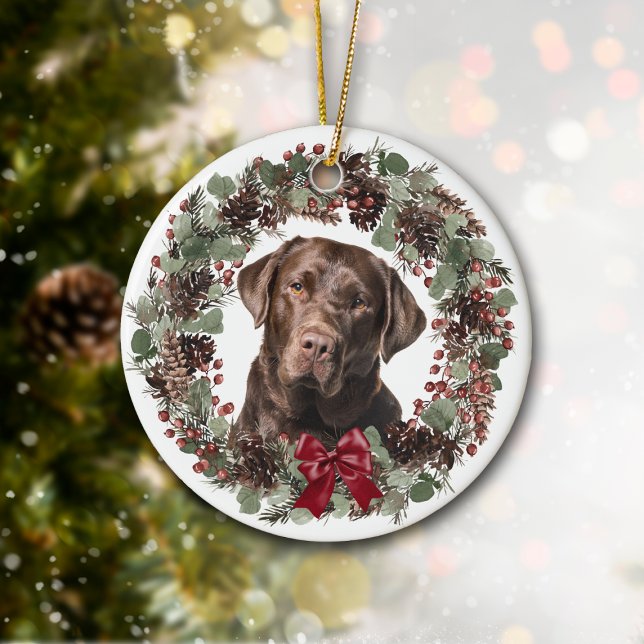 Chocolate Lab Dog Pinecone Wreath Personalised Ceramic Ornament (Creator Uploaded)