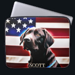 Chocolate Lab Dog with American Flag Rustic Laptop Sleeve<br><div class="desc">This laptop sleeve design features a bust of a chocolate lab a muted American flag in red,  white,  and blue. Add your name to personalise it. Great for the patriot hunter or dog lover in your life. Created by Simply Farmhouse Press.</div>
