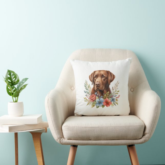 Chocolate Lab Floral Throw Pillow (Chair)