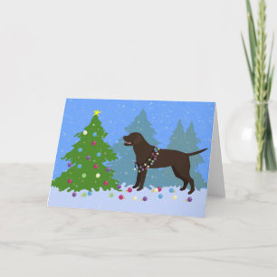 Chocolate Lab in Forest Decorating Christmas Tree Holiday Card