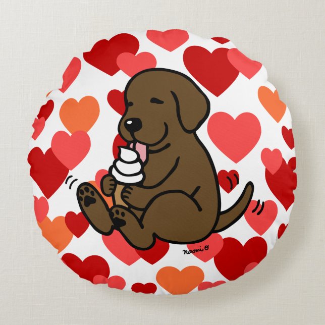 Chocolate Lab Licking Ice Cream Hearts Round Cushion (Front)
