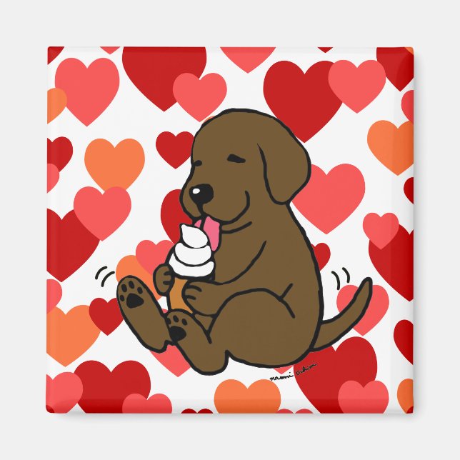 Chocolate Lab Licking Ice Cream with Hearts Magnet (Front)