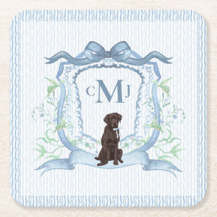 Chocolate Lab Monogram Grandmillennial Square Paper Coaster