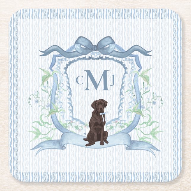 Chocolate Lab Monogram Grandmillennial Square Paper Coaster (Front)