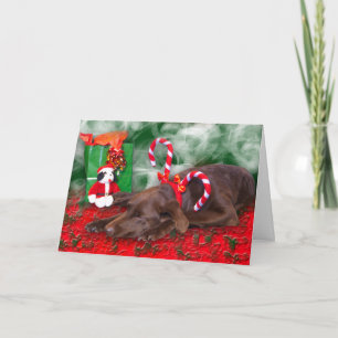 Chocolate Lab Peppermint Stripe Custom Text Inside Holiday Card