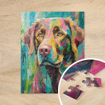 Chocolate Lab Portrait Colourful Abstract Art Jigsaw Puzzle<br><div class="desc">A playful modern art portrait of a chocolate lab painted with whimsical bright colours, including teal, yellow, pink, and green. The vibrant palette and expressive brushstrokes give the dog an energetic, joyful appearance, bringing a fun and imaginative twist to traditional pet portraits. This lively and colourful piece captures the dog's...</div>