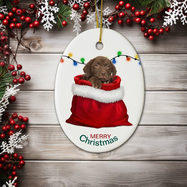 Chocolate Lab Puppy in Holiday Gift Bag Ceramic Ornament (Creator Uploaded)