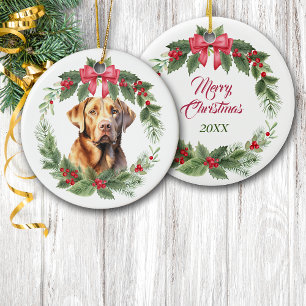 Chocolate Lab Retriever Red Bow Holly Wreath Ceramic Ornament