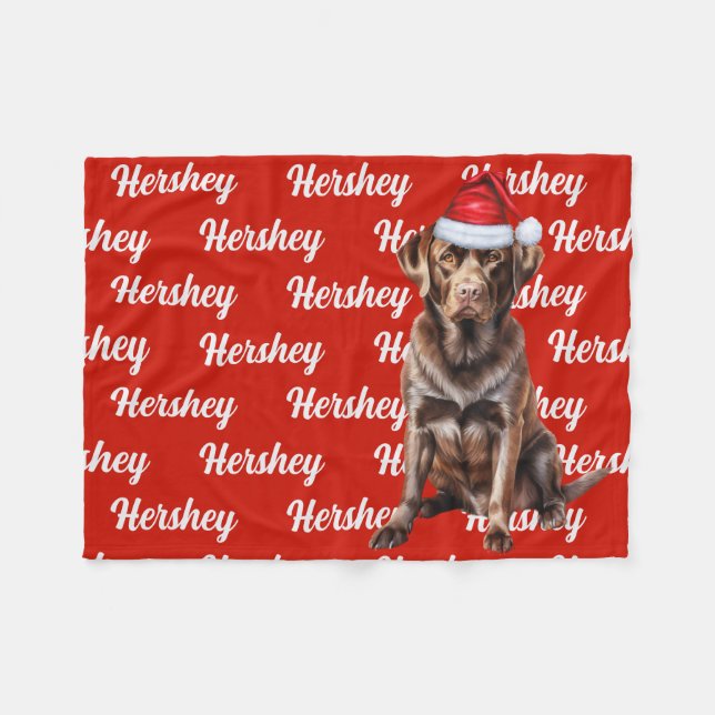 Chocolate Lab Santa Dog Custom Name Christmas Fleece Blanket (Front (Horizontal))