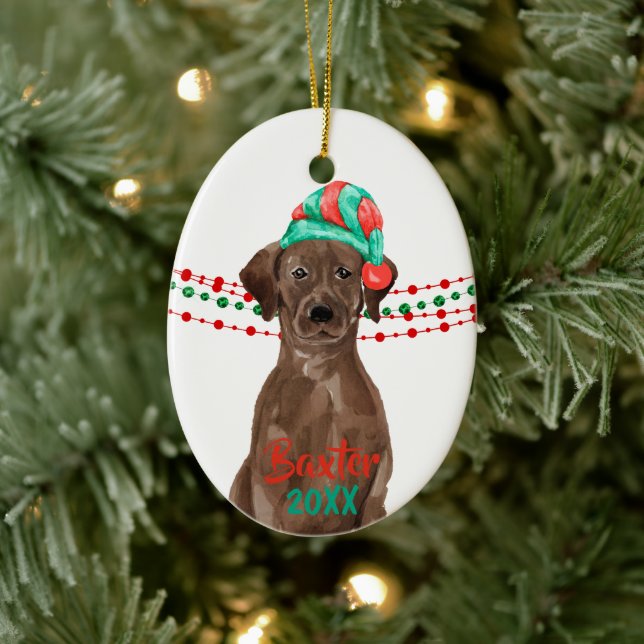 Chocolate Lab Santa Hat Holiday String Beads Ceramic Ornament (Tree)