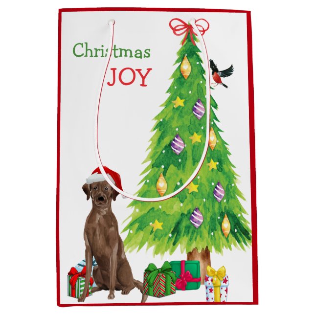 Chocolate Lab Santa Hat Puppy and Christmas Tree Medium Gift Bag (Front)