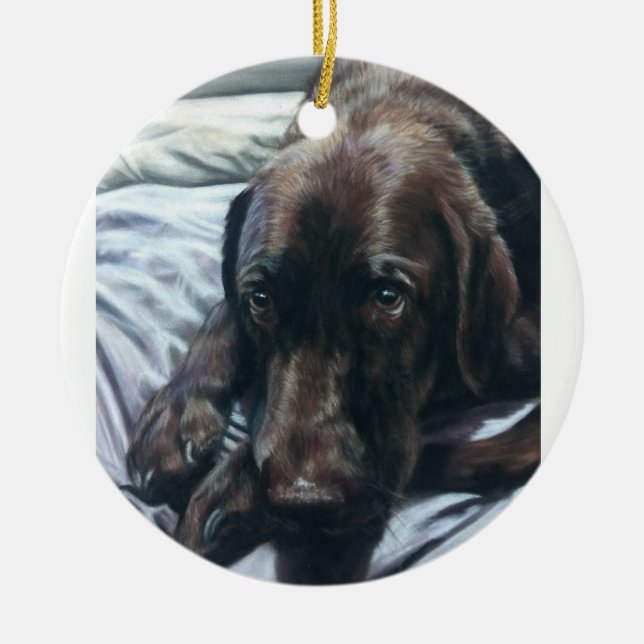 Chocolate lab sleeping ceramic ornament (Front)