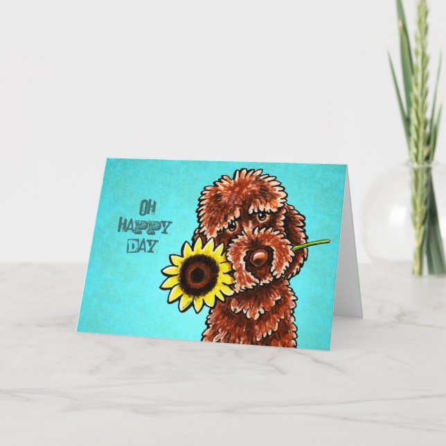 Chocolate Labradoodle Happy Sunflower Day Custom Card (Front)