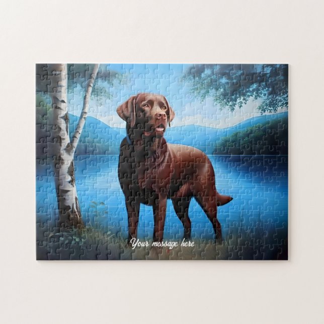Chocolate Labrador and Blue Lake Jigsaw Puzzle (Horizontal)