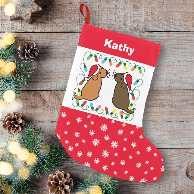 Chocolate Labrador and Fox Red Labrador Santas Small Christmas Stocking (Personalized Chocolate Labrador and Fox Red Labrador Santas Christmas Stocking for Labrador Owners.)