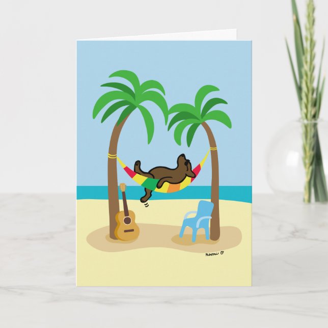 Chocolate Labrador and Hammock and Palm Trees Card (Front)