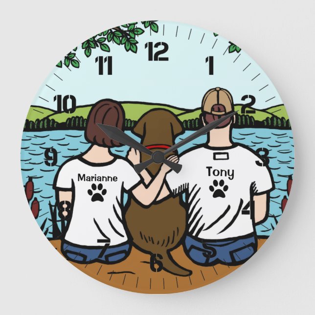 Chocolate Labrador and Mum and Dad Large Clock (Front)