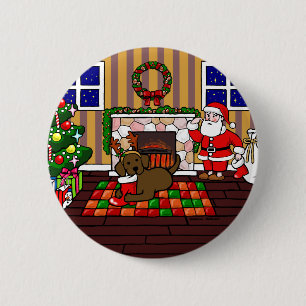 Chocolate Labrador and Santa Christmas Cartoon 6 Cm Round Badge