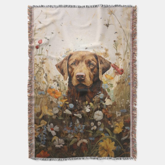 Chocolate Labrador and Wildflowers Throw Blanket (Front Vertical)
