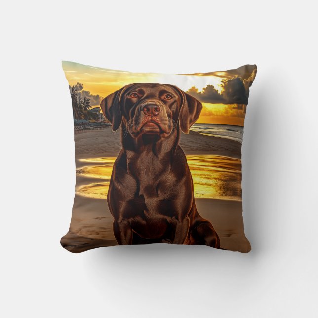 Chocolate Labrador at Sunset Cushion (Front)