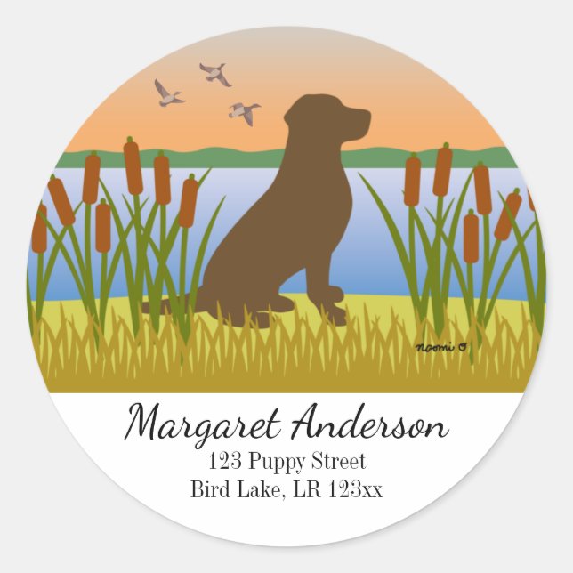 Chocolate Labrador Bird Dog Sunset Address Classic Round Sticker (Front)