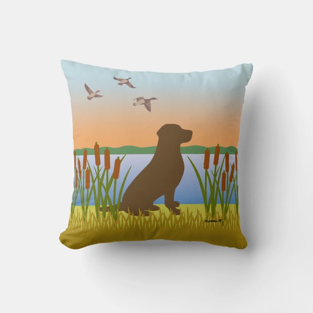 Chocolate Labrador Bird Dog Sunset Cushion (Front)