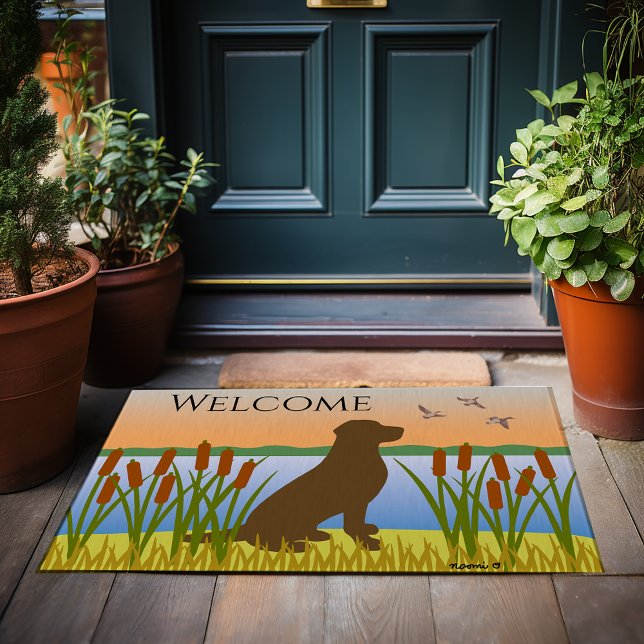 Chocolate Labrador Bird Dog Sunset Doormat (Chocolate Labrador Bird Dog Sunset Doormat for Labrador Owners.  Beautiful silhouette design.)
