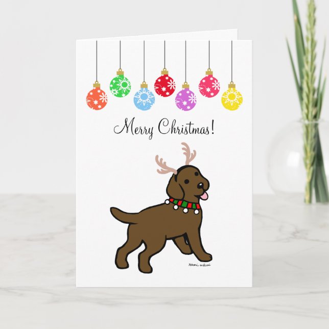 Chocolate Labrador Christmas Antlers and Ornaments Holiday Card (Front)