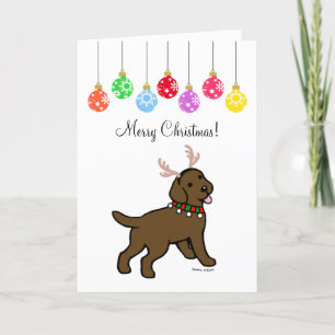 Chocolate Labrador Christmas Antlers and Ornaments Holiday Card