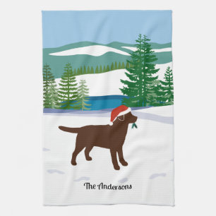 Chocolate Labrador Christmas Evergreen Santa Hat Tea Towel
