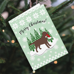 Chocolate Labrador Christmas Evergreen Snowflakes Holiday Card