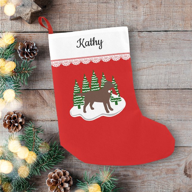 Chocolate Labrador Christmas Evergreen Trees Small Christmas Stocking (Personalized Chocolate Labrador Evergreen Trees Christmas Stocking for Labrador Owners.)