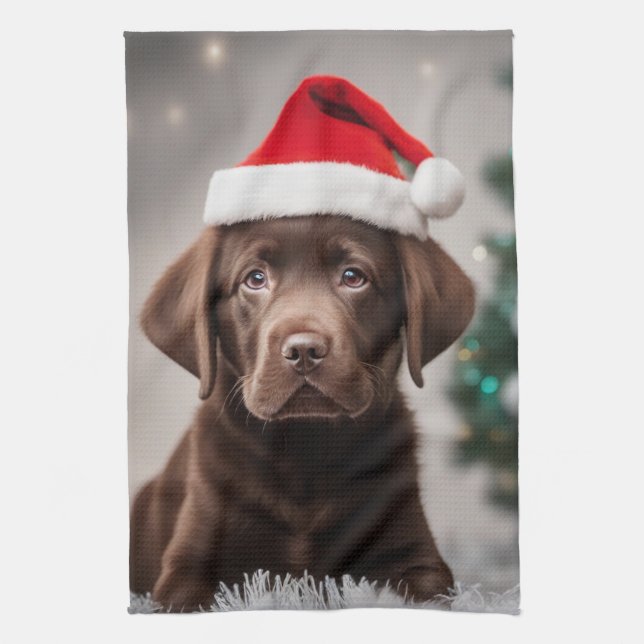 Chocolate Labrador Christmas Tea Towel (Vertical)