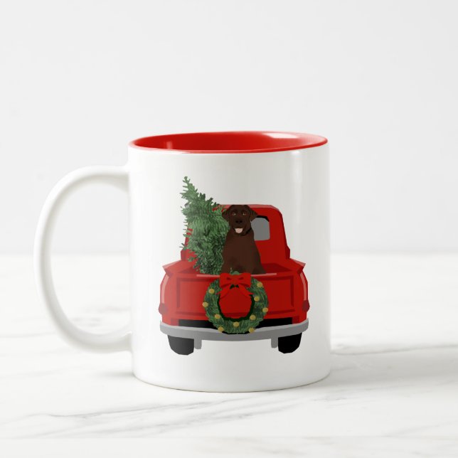 Chocolate Labrador Christmas Truck Two-Tone Coffee Mug (Left)