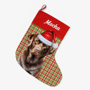 Chocolate Labrador Dog Holiday Plaid Personalised Large Christmas Stocking