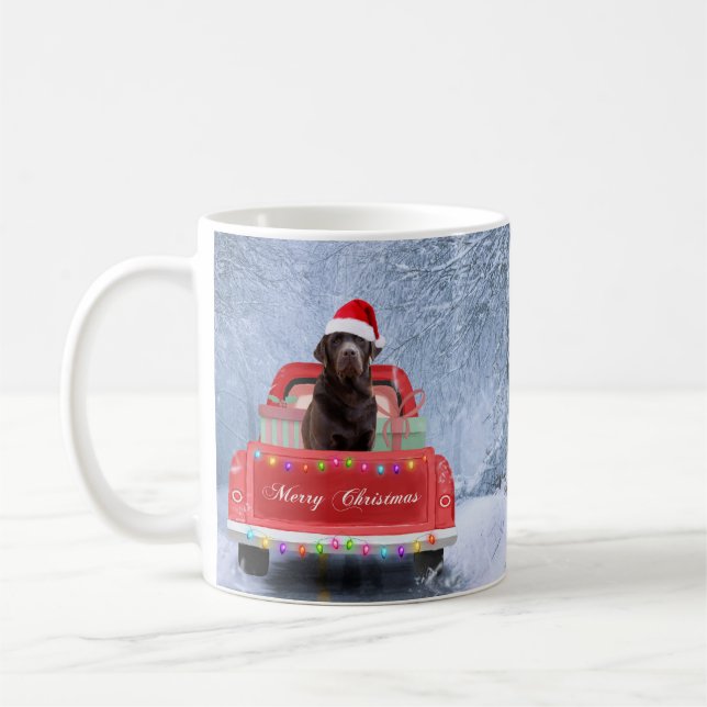 Chocolate Labrador Dog in Snow Christmas Car  Coffee Mug (Left)