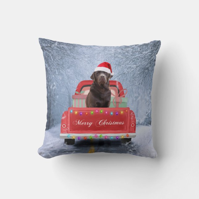 Chocolate Labrador Dog in Snow in Christmas Cushion (Front)