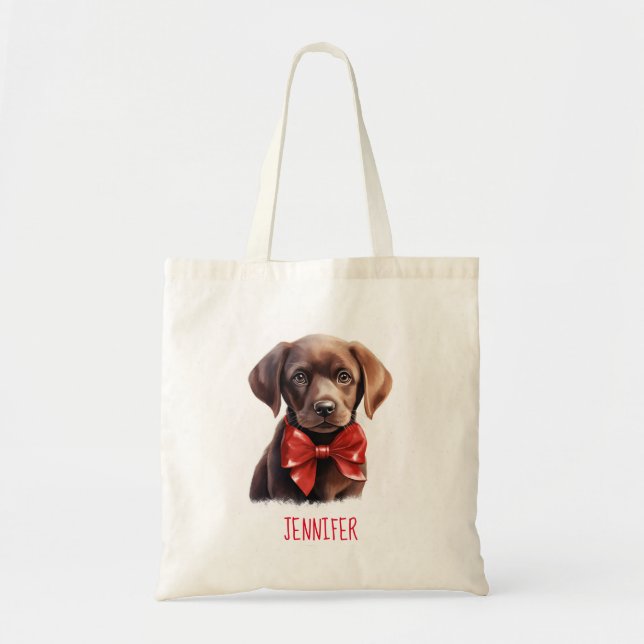 Chocolate Labrador Dog Wearing a red bow Tote Bag (Front)