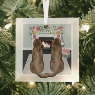Chocolate Labrador Dogs Christmas Fireplace Scene Glass Tree Decoration