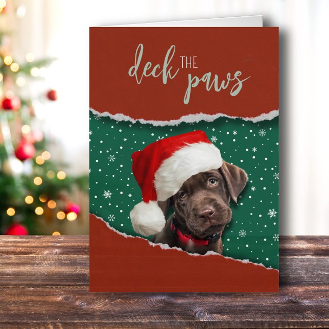 Chocolate Labrador Festive Santa Hat Holiday Card (Deck the Paws is the perfect card to send your dog lover friends and family this Holiday season!)