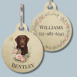Chocolate Labrador Floral Portrait Pet Tag