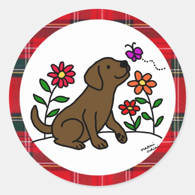 Chocolate  Labrador & Green with Heart Classic Round Sticker (Front)